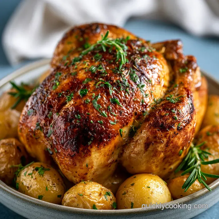 Crispy roasted chicken thigh on a white plate with glazed root vegetables and a sprig of fresh green thyme.