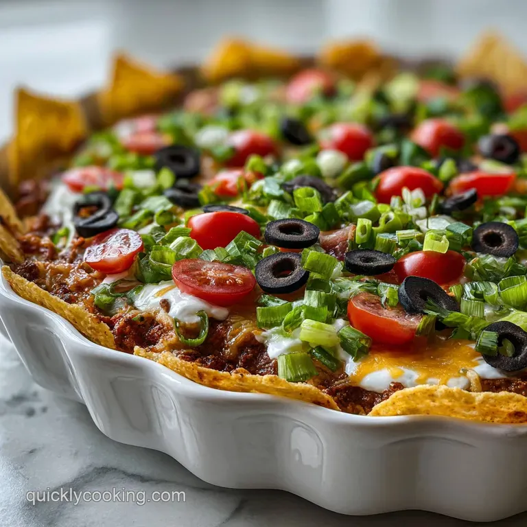 Festive 7-layer dip in a glass bowl, layers visible, topped with colorful veggies, next to a bowl of golden tortilla chips.