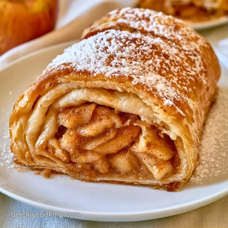 A sliced piece of warm pastry with spiced apples, paired with a dollop of cream and mint on a white ceramic plate.