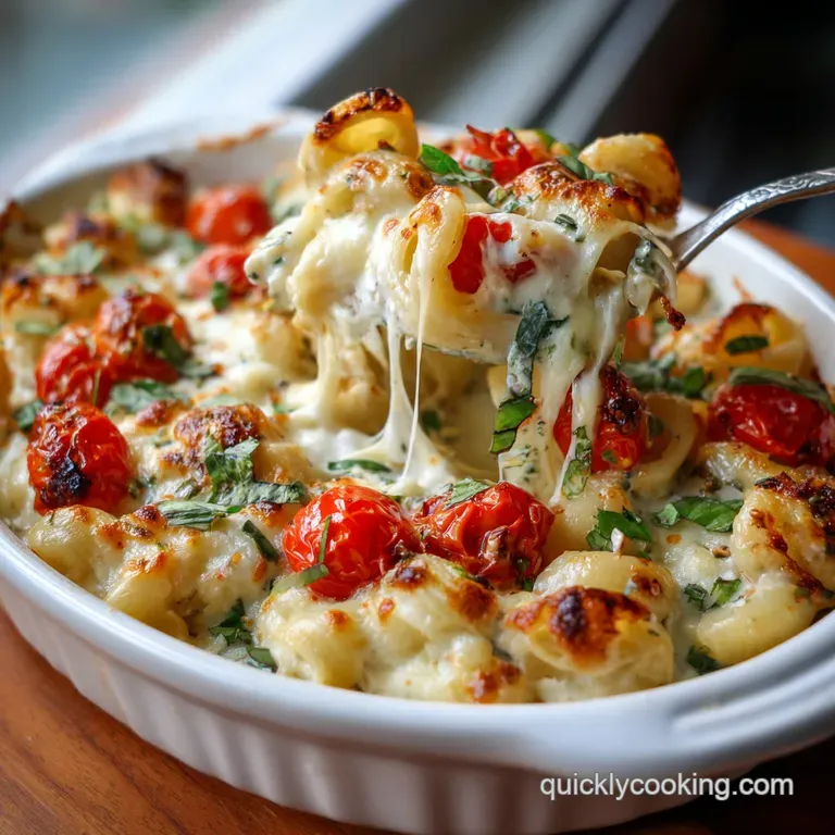 A twirled forkful of baked feta pasta showcasing the creamy sauce and vibrant red tomatoes, garnished with green basil lea...