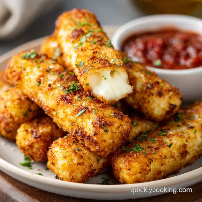 Crispy, golden mozzarella sticks artfully arranged with a side of vibrant marinara.