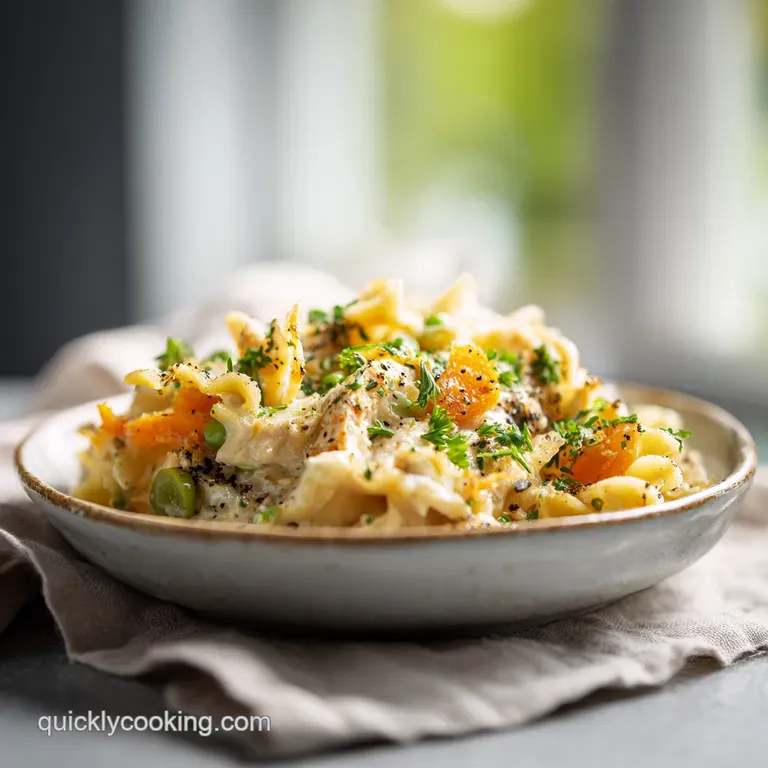 A generous scoop of creamy chicken noodle casserole, artfully arranged on a white plate with a fork.