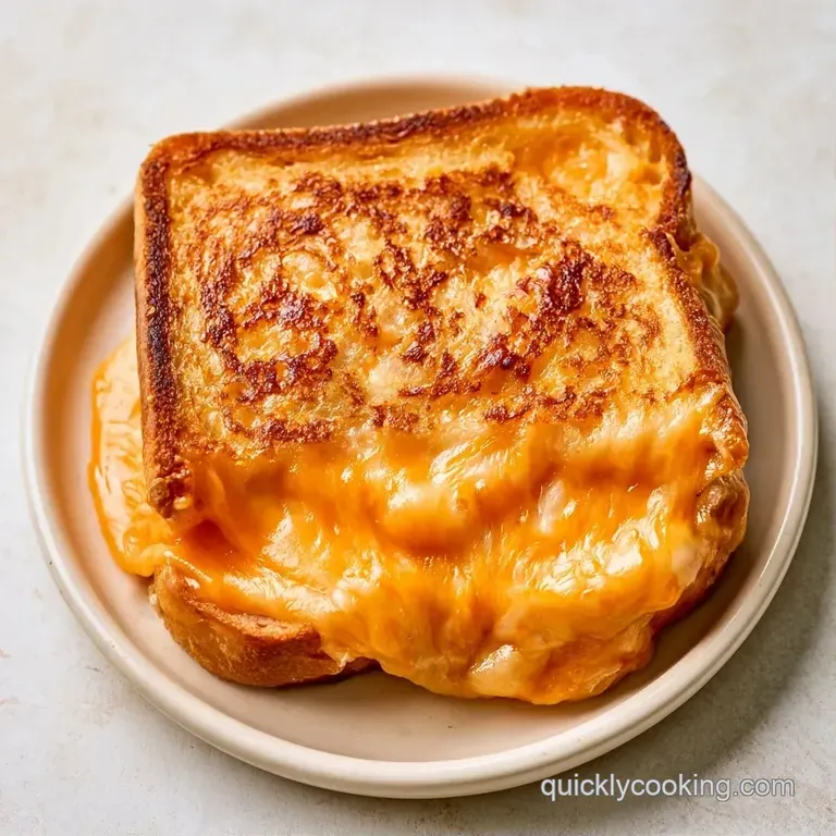 Two halves of a toasted cheese sandwich stacked diagonally on a white plate with a side of crisp potato chips.