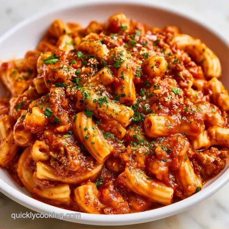 A portion of hearty beef pasta topped with a sprinkle of fresh parsley and grated parmesan on a white plate.