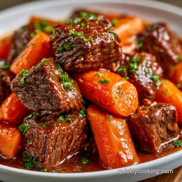 A deep ceramic bowl of savory beef stew garnished with chopped parsley, served with a side of crusty toasted bread.