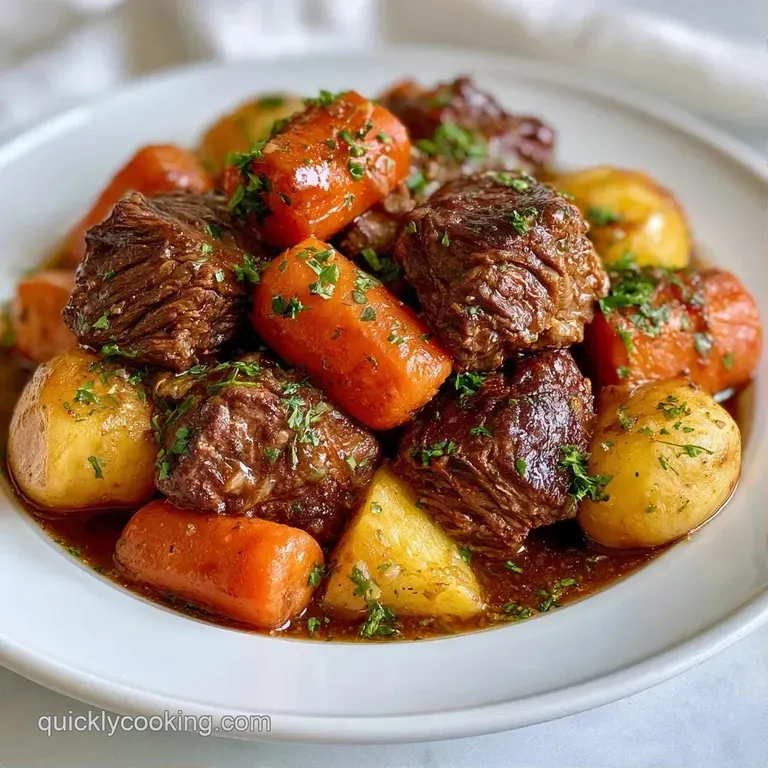 A rustic ceramic bowl filled with chunky beef stew, garnished with chopped parsley on a dark wooden table.