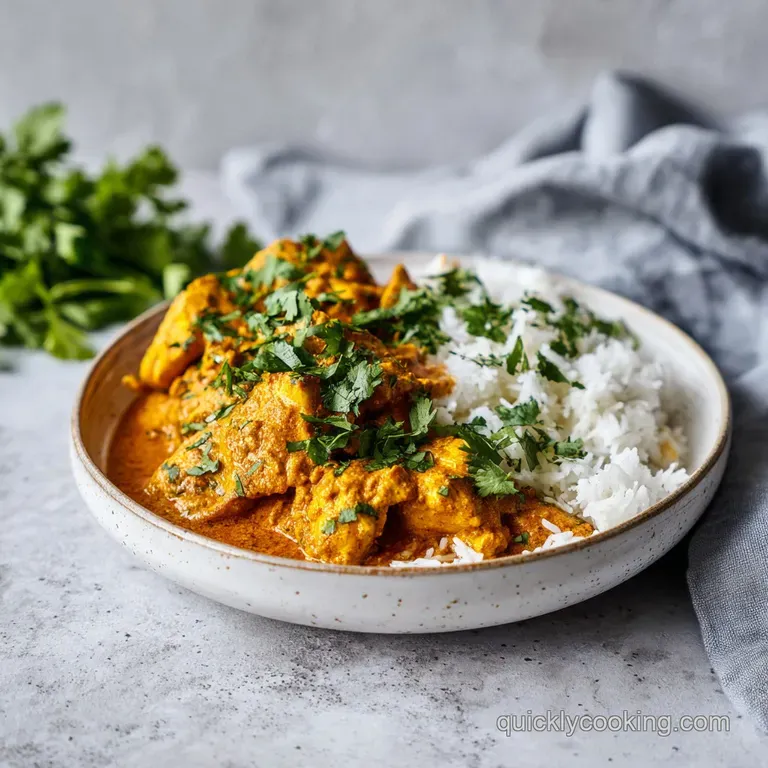 A vibrant bowl of butter chicken, glistening with sauce, served alongside fluffy basmati rice and a sprinkle of herbs.