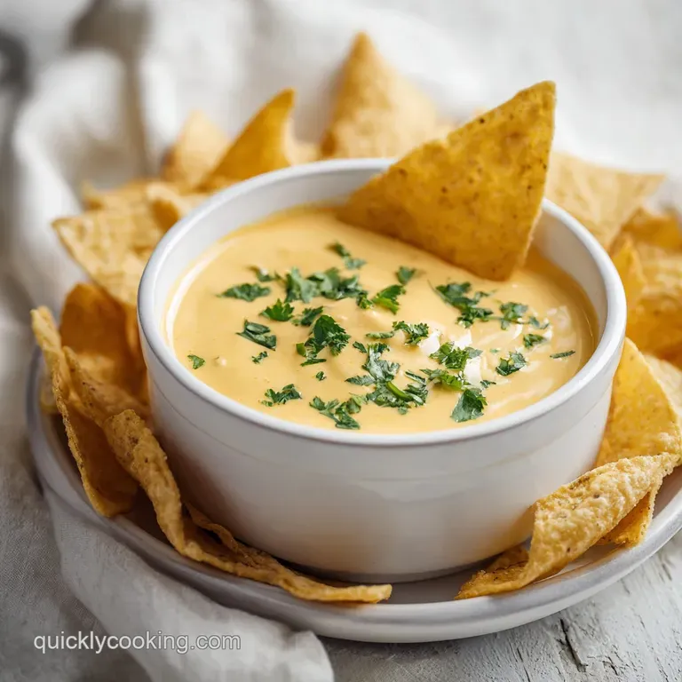 A warm, inviting bowl of melted cheese dip, elegantly garnished with fresh herbs.