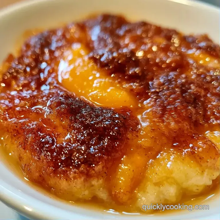 Warm, golden-brown pastry crust over juicy orange fruit, served in a white bowl with a sprig of mint.