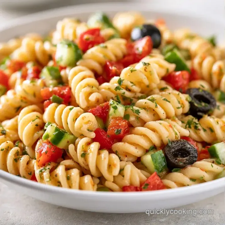 A wide ceramic bowl filled with vibrant pasta, red cherry tomatoes, and crumbled feta cheese on a light linen cloth.