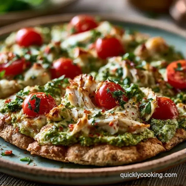 Sliced pesto pizza on a rustic wooden board, garnished with fresh basil leaves and scattered red pepper flakes.