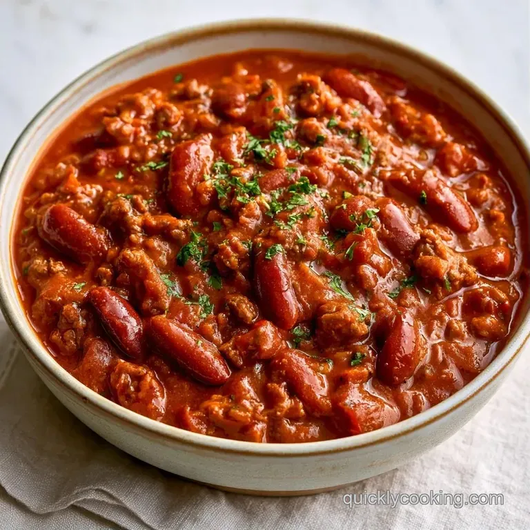 Deep bowl of thick red stew topped with a dollop of cool sour cream, melted cheddar, and chopped green onions
