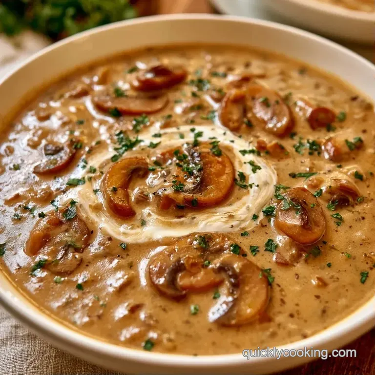 Velvety cream-colored soup in a white ceramic bowl, topped with a swirl of cream and fresh, chopped green herbs.
