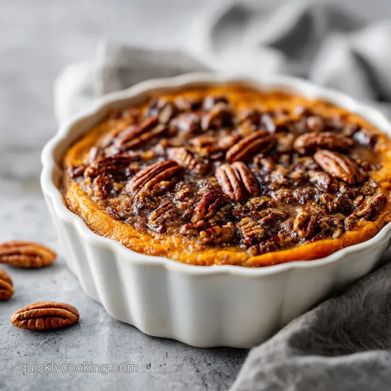 A scoop of creamy sweet potato casserole, topped with crunchy pecans, presented elegantly on a white plate with a delicate...