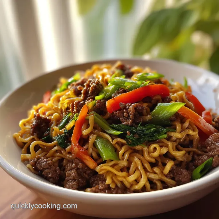 Glossy ground beef stir-fry artfully plated, steam rising, garnished with vibrant scallions and toasted sesame seeds&mdash;invit...