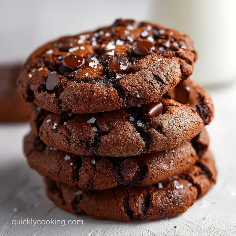 Three flourless chocolate chip cookies stacked on a white plate. Melty chocolate pools glisten on the edges; crumbs surrou...