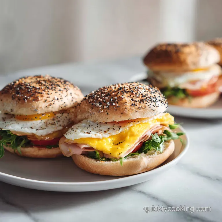 Golden breakfast sandwich halves sit upright on a plate. Melted cheese drips from the egg and sausage filling inside.