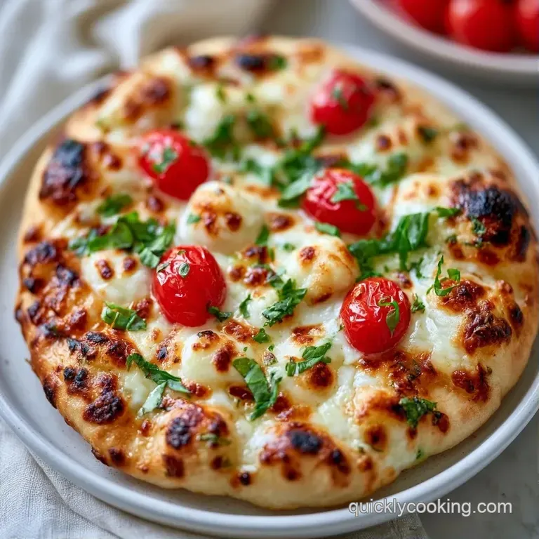 Sliced golden flatbread on a rustic wooden platter, accented by a drizzle of oil and a side of cherry tomatoes.