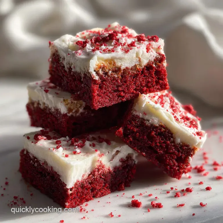 Close-up of a red velvet bar slice, artfully drizzled with white icing, hints of cocoa, and a fluffy, tempting appearance.