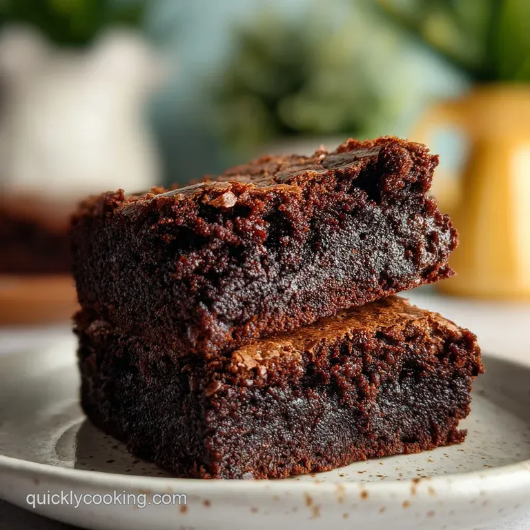 Glossy, dark brownie square dusted with powdered sugar on a white plate, hinting at a rich, decadent, slightly gooey inter...