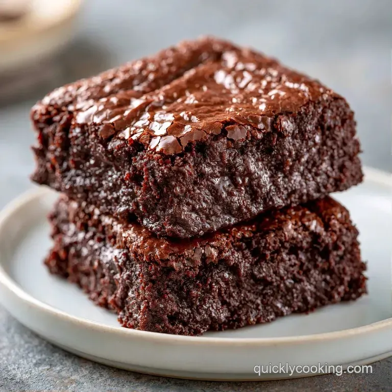 A square of dense, dark chocolate cake dusted with cocoa, served on a white plate with a swirl of whipped cream.