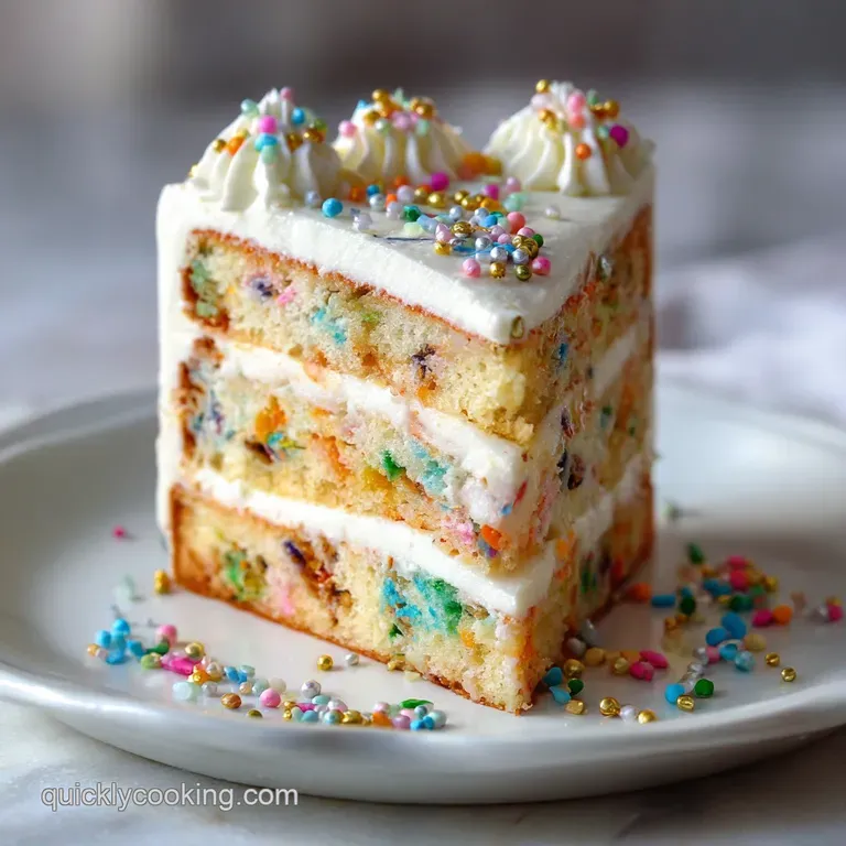 Slice of moist Funfetti cake on a white plate, colorful sprinkles popping against creamy white frosting, inviting and deli...