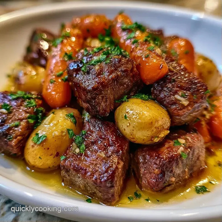 Open silver foil packets on a wooden tray showing glossy, butter-glazed steak tips and steamed baby carrots.