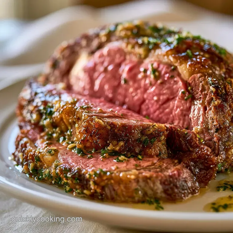 Thick slices of medium-rare beef served on a white platter with roasted garlic cloves and sprigs of fresh rosemary