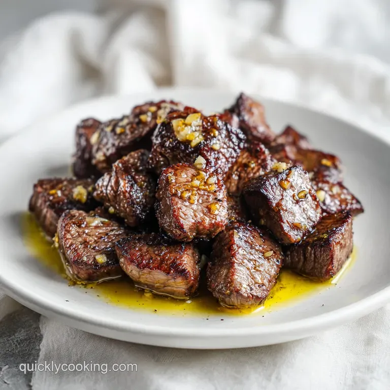 Neatly piled seared beef cubes on a white ceramic plate, garnished with fresh parsley and a drizzle of melted butter.