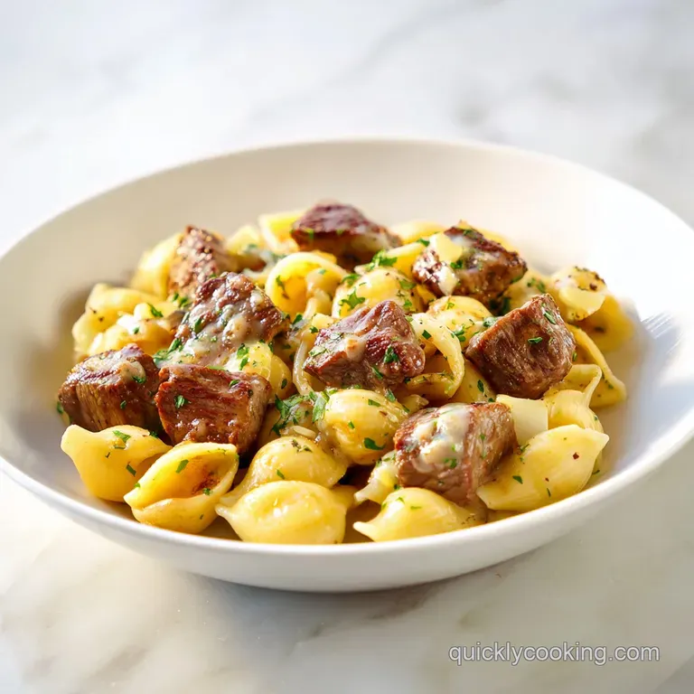 Tender cubes of seared beef glistening with garlic butter and fresh parsley on a minimalist white ceramic plate.