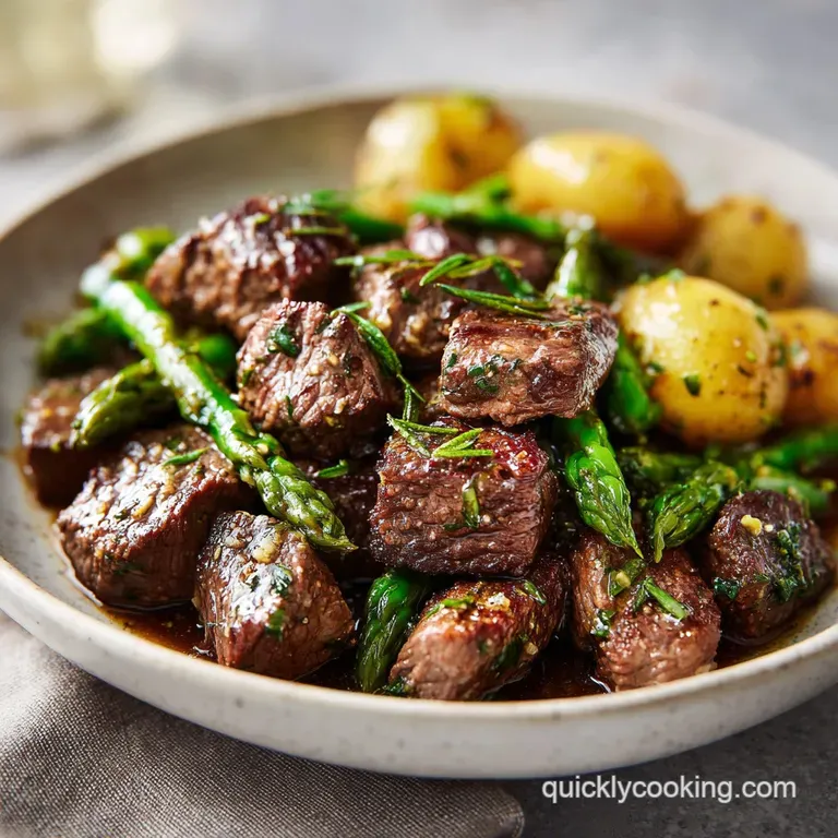 Juicy garlic butter steak bites artfully arranged on a white plate, sprinkled with fresh parsley, ready to be enjoyed.