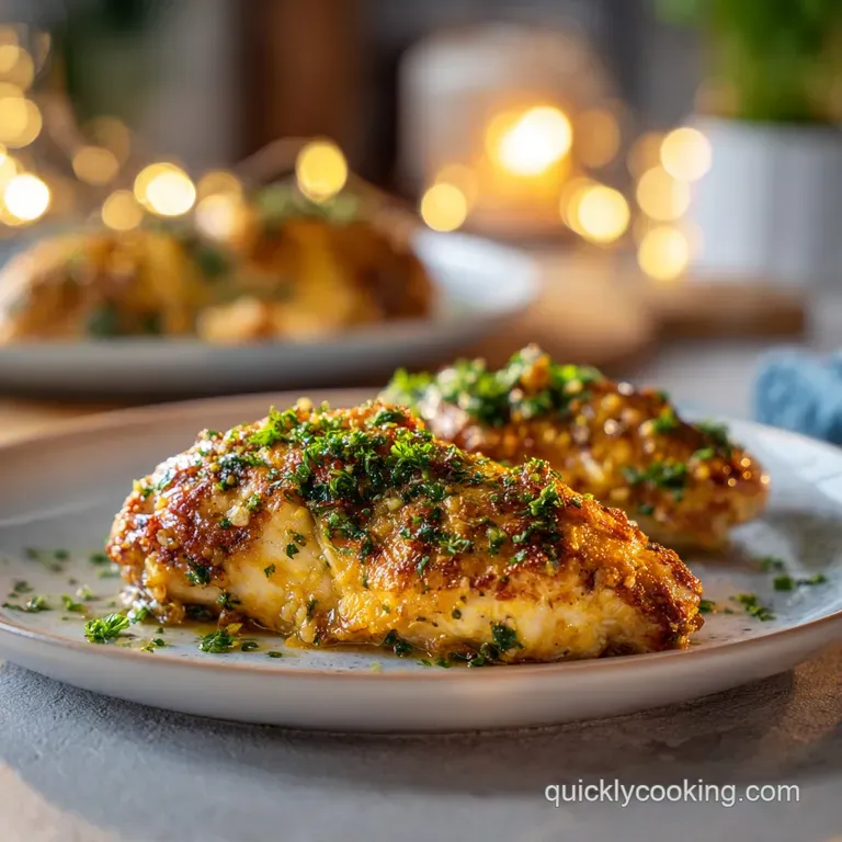 Juicy chicken thigh artfully plated, with vibrant herb garnish and a hint of char.