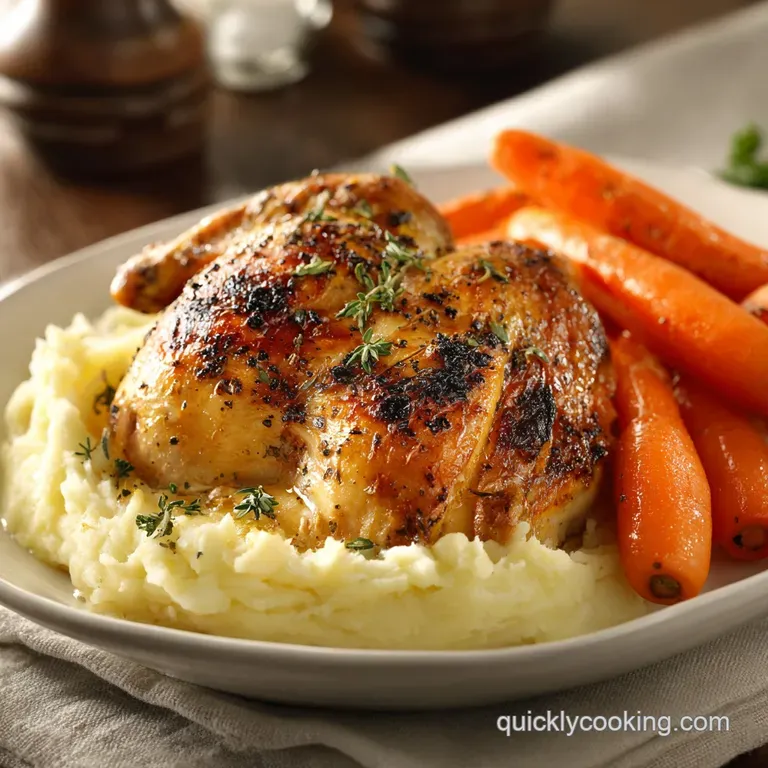 Plated roasted chicken and potatoes, glistening with herb-infused oil. A sprig of rosemary adds a fresh, aromatic touch.