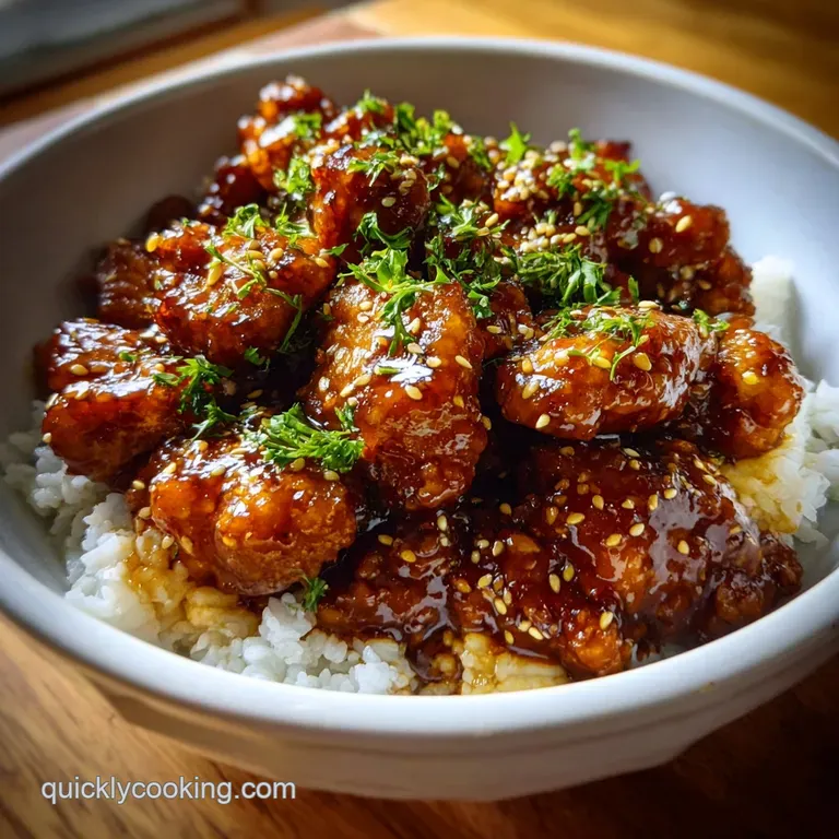 Glossy, glazed General Tso's chicken pieces arranged artfully on white rice, garnished with scallions and vibrant red chil...