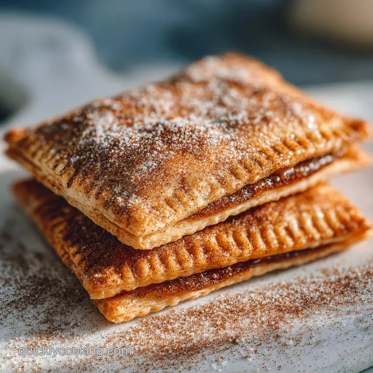 Warm, inviting brown sugar pop tart slice with layers of flaky crust and gooey filling on a white plate, sprinkled with su...