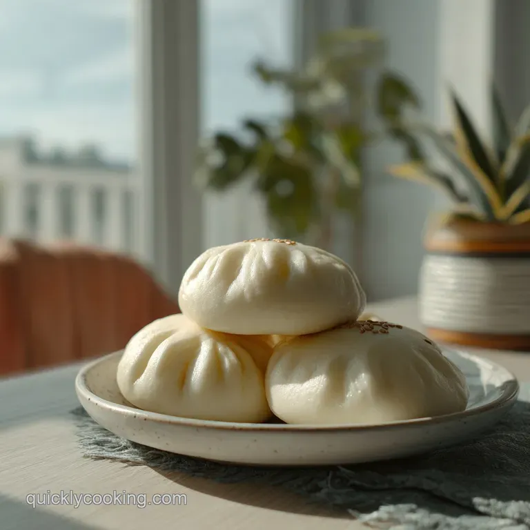 A single, pillowy bao bun, split open and overflowing with vibrant, savory filling. Notice the light sheen of the bun.
