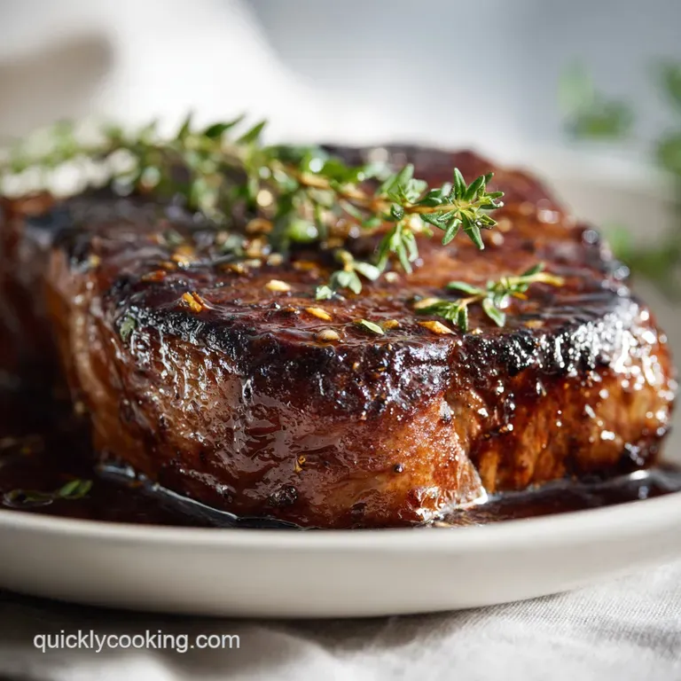 Sliced medium-rare steak glistening with dark balsamic glaze, served on a white ceramic plate with fresh rosemary.