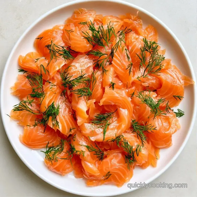 Delicate ribbons of cured orange fish arranged in a swirl, garnished with dill and lemon wedges on a slate board.