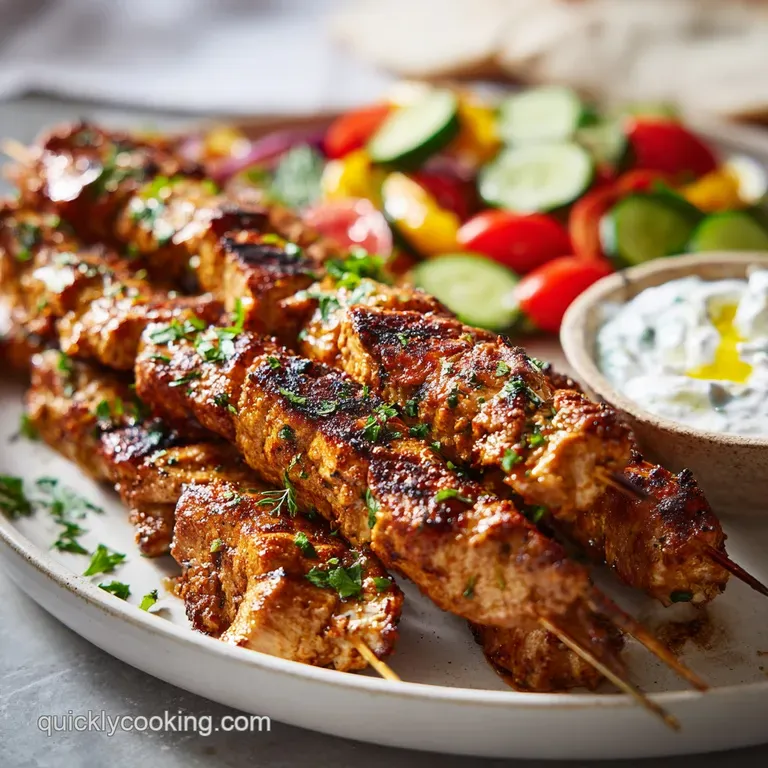 A single chicken souvlaki skewer rests atop a fluffy pita, adorned with bright tomato, red onion and a creamy sauce drizzle.