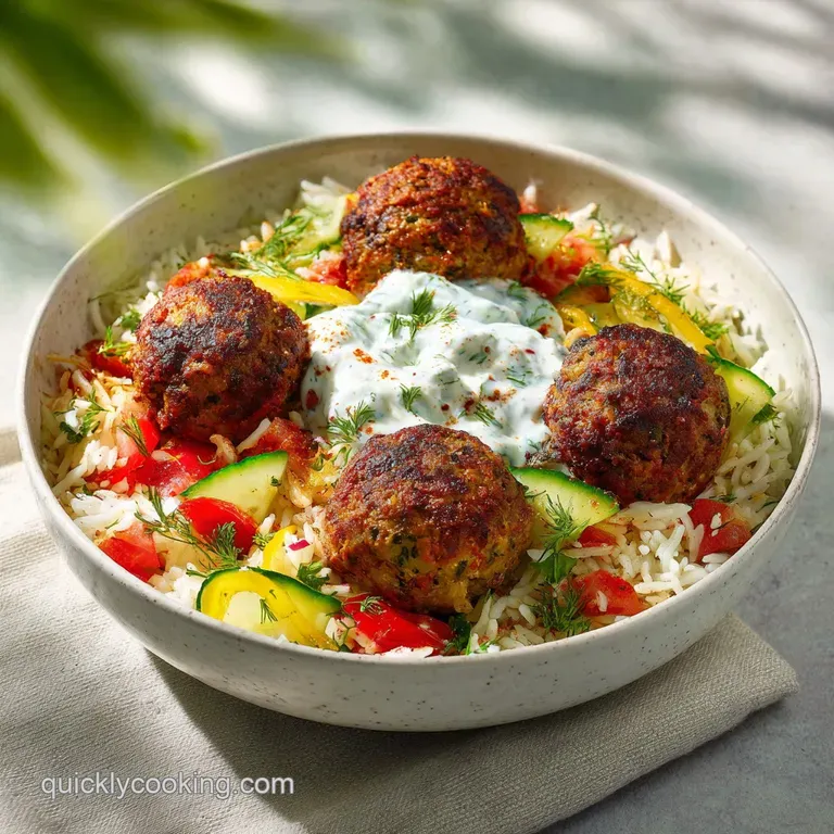 Perfectly arranged Greek meatball bowl; bright red tomato chunks, soft green herbs, and round brown meatballs are inviting.