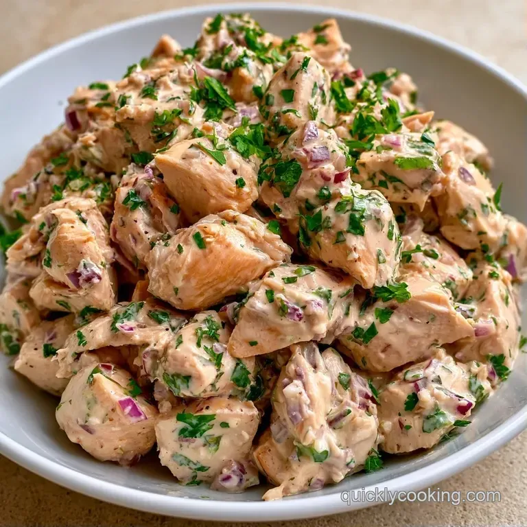 A neat scoop of creamy chicken salad on a bed of mixed greens, paired with a slice of toasted sourdough bread.