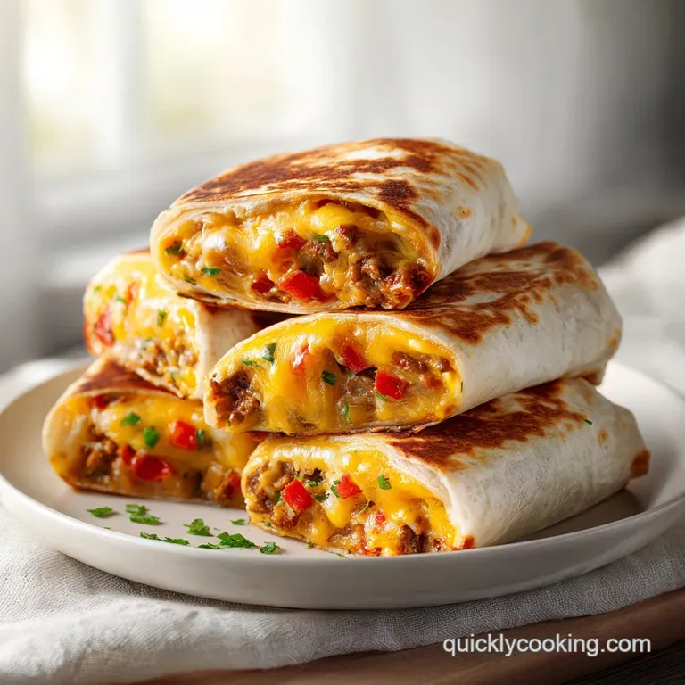 Crispy grilled cheese burrito cut in half, revealing a molten cheese core, plated simply