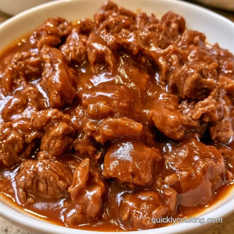 Savory brown meat in a thick sauce, plated elegantly in a wide bowl with a garnish of fresh green herbs.