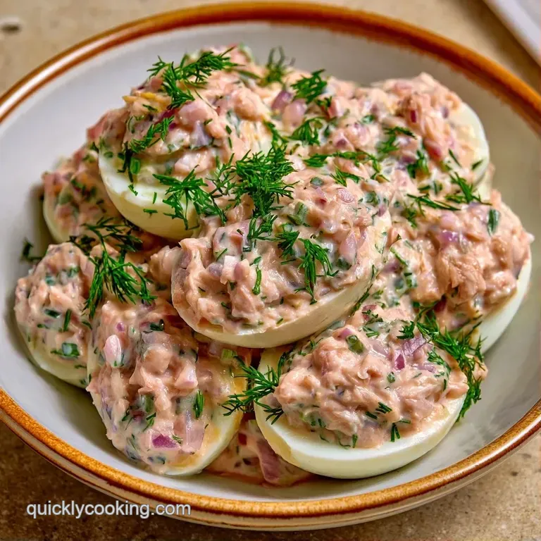 Pastel yellow stuffed eggs arranged on a white ceramic plate, garnished with fresh parsley and lemon wedges.