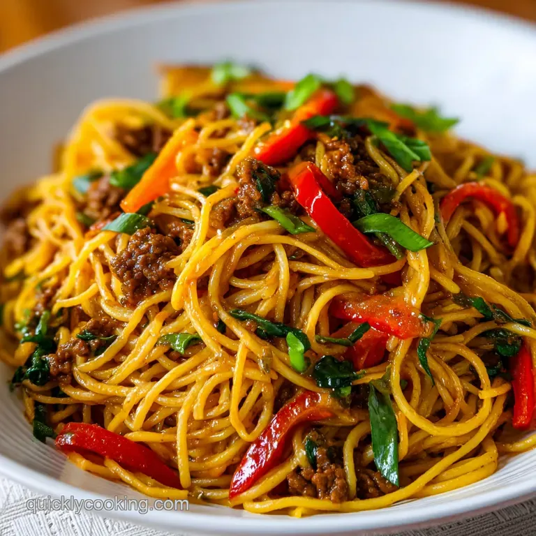 Elegant plate of saucy Haitian spaghetti featuring plump sausage slices with colorful peppers and onions, garnished with f...