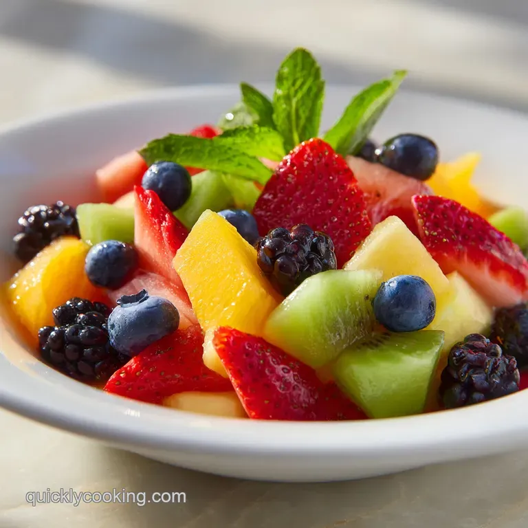 Elegant fruit salad plate featuring layers of sliced mango, plump blueberries, and sprigs of fresh mint for a visually app...