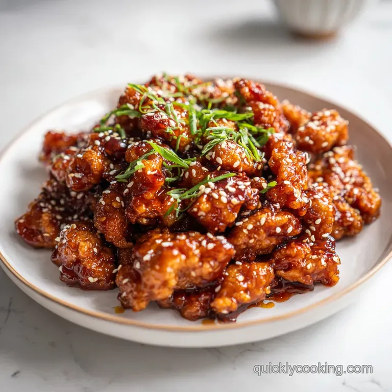 Golden sesame chicken glistens on a white plate, paired with bright green broccoli; sesame seeds provide textural contrast.
