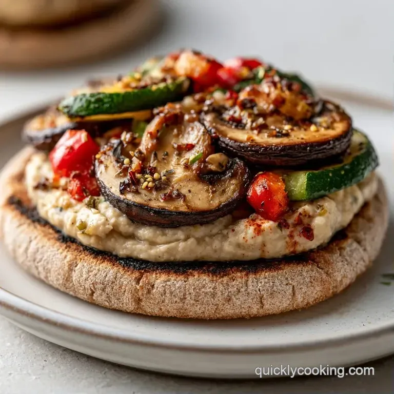 Slices of toasted flatbread with melted cheese and roasted colorful vegetables on a white marble platter.