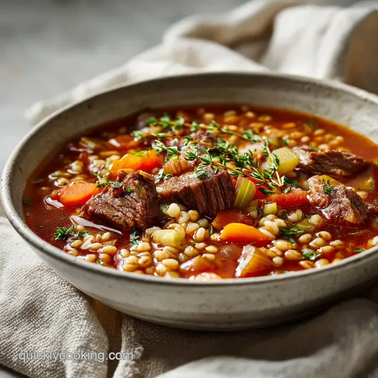 Steaming bowl of beef barley soup, garnished with fresh parsley. Rustic presentation with a spoon, highlighting the warm c...