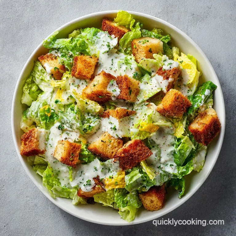 A rustic bowl brimming with crisp romaine lettuce, tossed in a creamy dressing, topped with croutons.